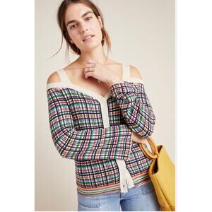 Anthropologie Krissy Plaid Off Shoulder Sweater size S Striped Colorful Cardigan
